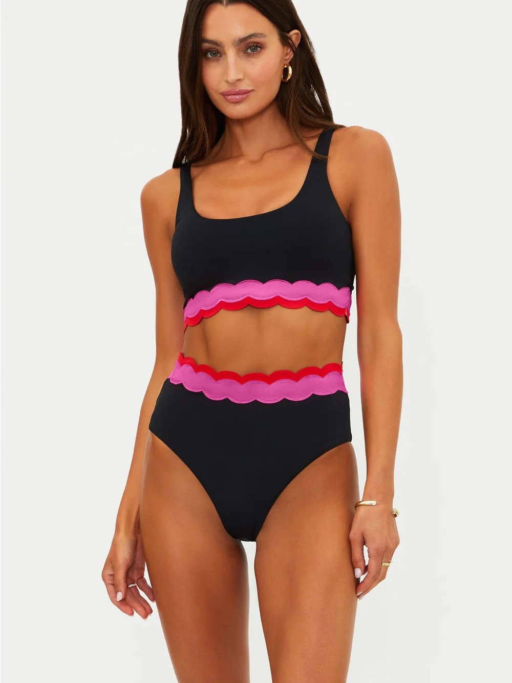 Beach Riot Black Bikini with Pink and Red Scallop Trim